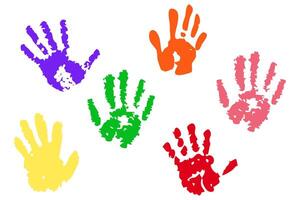 Hand rainbow print color paint stain, handprint set. Happy childhood artistic kids stamp collection. Abstract handprint, vibrant paint splashes. Creative symbols children art vector