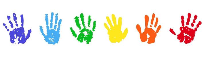 Hand rainbow print, color paint stain handprint set. Happy childhood artistic kids stamp collection. Abstract handprint, vibrant paint splashes. Creative symbols children art vector