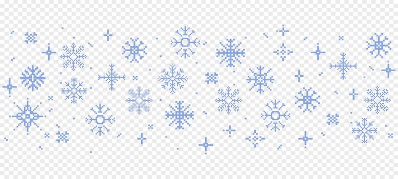 Pixel snowflake border winter retro pixelated 8 bit game stamp. Y2k snow divider, minimal and simple. Holiday flake ornament. Simple crystal ornament vector