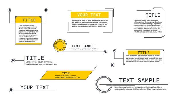 Text box frame, title callout tech hud border menu, title call out labels modern line interface board. Set game elements, web design template for text, banner. vector