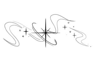 Abstract y2k line star, tattoo aesthetic doodle or sketch. Sparkle swirl silhouette line light, move, trail. Retro space orbit geometric vector