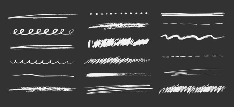 Chalk underline on blackboard line stroke scribble hand drawn sketch texture. Doodle white crayon on black background. School marks, grunge set border free hand design elements vector