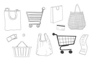 Shopping cart trolley doodle, shopping basket supermarket bag, net shopper simple line. Craft bag, paper bag. Purchase trade sketch, hand-drawn vector
