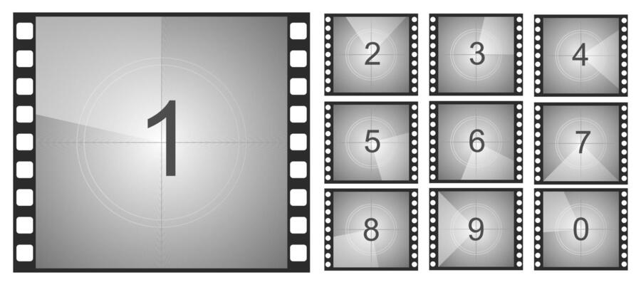 Countdown movie frame, film intro animation retro screen. Start Timer set, film strip border. Vintage counter.