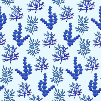 Underwater coral reef pattern design featuring blue and green botanical elements on a light background vector