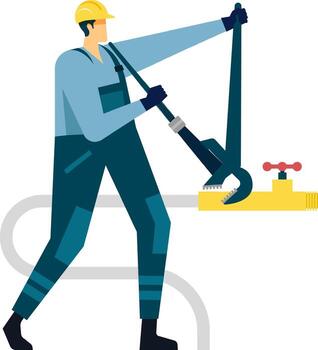Professional plumber wearing uniform and hardhat using large pipe wrench to tighten gas pipe connection during maintenance or installation work, ensuring safety and functionality of plumbing system vector