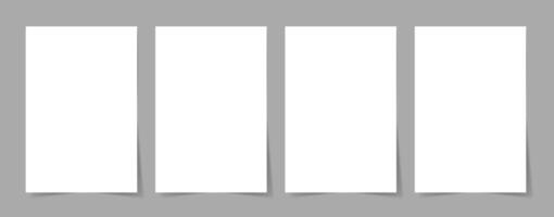 Blank A4 paper sheet. White blank vertical rectangle pages with realistic wall drop shadows. Poster and picture mockup, notepaper, letter piece template. isolated set vector