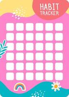 Habit tracker template featuring a grid of squares on a vibrant pink background, adorned with playful abstract shapes, a rainbow, sun, and leaf, encouraging consistent progress and personal growth vector