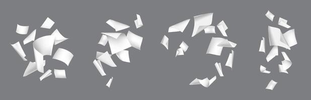Flying white paper sheets. Blank paper groups chaotic floating in air. 3D realistic throwing office document, notebook pages blowing, scatter file sheets. mockups vector