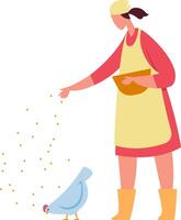Female farmer in apron and rubber boots feeding hens seeds on a poultry farm, nurturing domestic birds and ensuring balanced nutrition for livestock vector