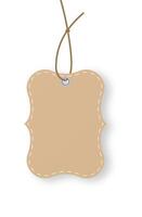 Blank beige label with curved edges and white stitching hanging from brown knotted string with metal eyelet on white background casting shadow vector