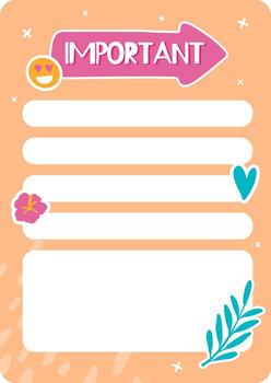 Important tasks list template featuring a cute smiling face with heart eyes, a pink flower, a blue heart, and a twig on a peach background with white details vector