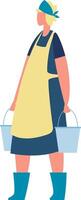 Farmer carrying two metal buckets wearing rubber boots, apron and bandana, working in agriculture and farming, side view full length portrait vector