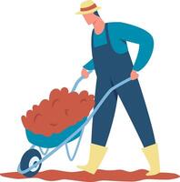 Young farmer wearing a straw hat and overalls, pushing a wheelbarrow filled with peat, actively working in agriculture and caring for the soil on a vibrant farm vector