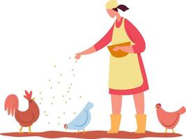 Farmer wearing an apron and boots scatters seeds from a bowl, feeding a rooster and chickens on a vibrant farm, showcasing the essence of rural life and sustainable agriculture vector