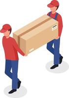 Two delivery men wearing red shirts and blue pants are carrying a large cardboard box together, suggesting teamwork and logistics in delivery service vector