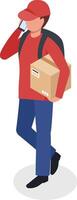 Delivery man wearing a red shirt and carrying a backpack holds a cardboard box while engaging in a phone call, showcasing the busy nature of logistics and courier services vector