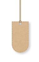 Realistic hanging cardboard price tag with rounded corners is attached to a brown rope with a metallic eyelet, creating a simple yet elegant design for product labeling and pricing vector