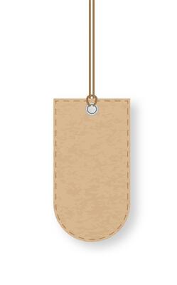 Realistic hanging cardboard price tag with rounded corners is attached to a brown rope with a metallic eyelet, creating a simple yet elegant design for product labeling and pricing