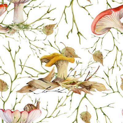 Golden chanterelle girolle, russula cortinarius webcap mushroom on top of fallen autumn leaves pile. Fungi nature seamless pattern hand drawn in watercolor. Brambles, twisting branches twigs net grid