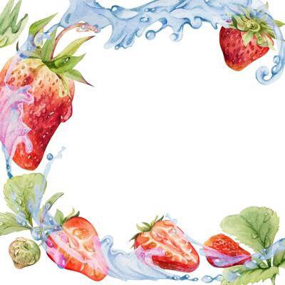 Strawberry berries leaves flying in water splash dew drops, ripe garden pineberry strasberry hand drawn in watercolor. Isolated square border corner frame. Farmers market menu, food drink packaging