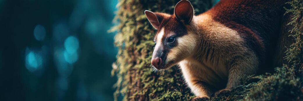 Tree Kangaroo Resting on a Mossy Trunk Surrounded by Cool Tones in a Lush Forest Environment With Ample Space for Text photo