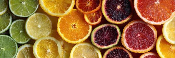Citrus Fruits Arranged in Concentric Circles Showcasing Vibrant Colors, Including Limes, Oranges, and Blood Oranges, Against a Clean Background photo