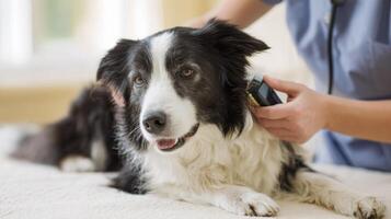 Veterinary Assistant Brushes a Dog in a Bright Space Before a Wellness Check, Highlighting Care and Attention in a Calm Environment photo