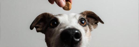 Hand Reaching for Freeze-Dried Treats Above Eager Dog in Minimalistic Setting With White Background During Indoor Playtime photo