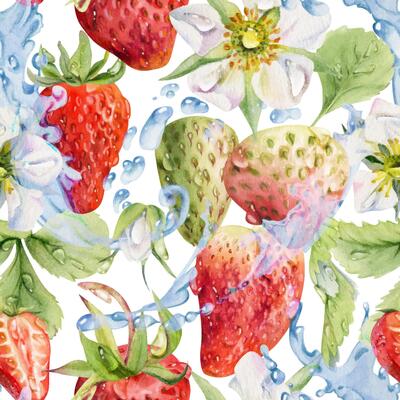 Strawberry berries leaves flowers flying in dew drops, ice cubes, water splash. Ripe summer garden forest strasberry hand drawn in watercolor. Isolated seamless pattern tile. Home preserves, packaging