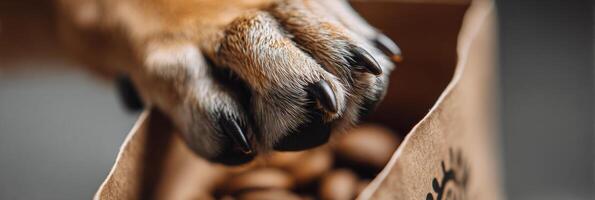 Dog Paw Reaching Into Treat Bag in a Clean Kitchen Setting While Searching for Snacks photo