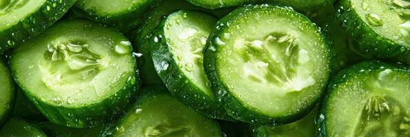 Fresh-cut Cucumbers Glisten With Water Droplets Amidst Vibrant Green Tones, Ideal for Healthy Dishes or Refreshing Snacks in the Kitchen photo