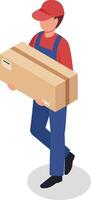 Delivery man wearing a uniform and cap, carrying a large package while walking, depicting home delivery, shipping, and logistics in an isometric view vector