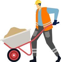 Construction worker wearing a safety helmet and high visibility vest is pushing a wheelbarrow filled with sand, diligently performing manual labor at an active construction site vector
