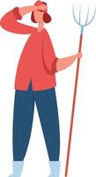Young female farmer holding a pitchfork and shielding her eyes from the sun with her hand in a rural setting, symbolizing hard work and dedication in agriculture vector