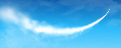 Jet plane smoke trail in blue sky. Airplane condensation trail, rocket or missile white trace in air. Aircraft flight in heaven. Airline travel banner. concept vector