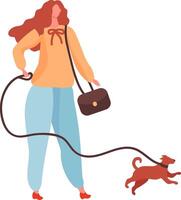 Happy woman with long red hair, wearing an orange sweater, blue pants, and red shoes, joyfully walking her small brown dog on a leash while enjoying the outdoors vector