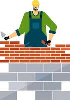 Professional builder wearing uniform and hardhat constructing a red brick wall using a trowel and mortar, adding bricks one by one on a white background vector
