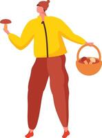 Young mushroomer walking through the woods in a yellow jacket and red trousers, holding a large freshly harvested mushroom in a wicker basket vector