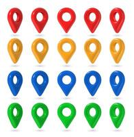 3d map pin. Multi colored plastic map push pins, red and blue, yellow and green point markers in different positions. Place position pointers GPS location icons vector