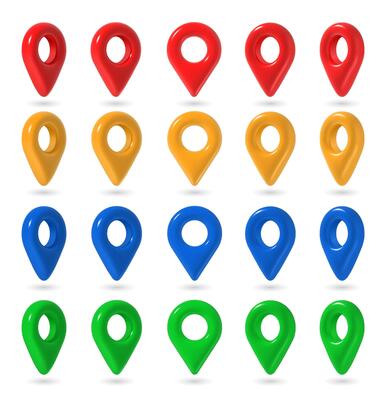 3d map pin. Multi colored plastic map push pins, red and blue, yellow and green point markers in different positions. Place position pointers GPS location icons