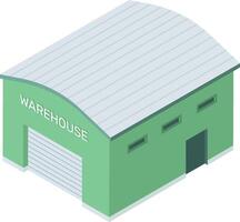 Isometric projection depicting a warehouse with a curved roof, rolling shutter door, and multiple windows, illustrating storage and logistics in an industrial setting vector
