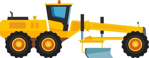 Heavy construction machine, a motor grader, performing ground leveling operations, essential for preparing a stable base for roads or buildings vector