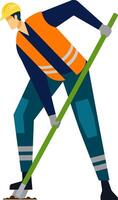 Construction worker wearing an orange safety vest and helmet digging with a shovel, performing manual labor on a construction site, emphasizing workplace safety and construction activities vector