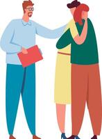 Doctor holding a clipboard, providing support to a grieving couple embracing each other after receiving heartbreaking news, offering empathy and compassion during a challenging time vector