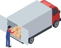 Courier wearing blue overalls loading cardboard boxes into a delivery truck, showcasing the isometric view of the shipping and logistics process in action vector