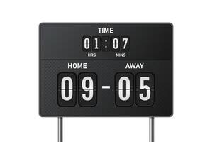 Scoreboard. Electronic sport display with goal score and countdown timer for soccer, football match on stadium. 3D realistic sports scoreboard illustration isolated vector