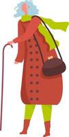 Full length illustration of a senior woman walking with a cane and carrying a shoulder bag, wearing a long coat and a scarf, representing concepts of aging, mobility, and independence vector