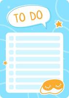 Checklist with empty lines for writing down tasks and goals, promoting productivity and organization, featuring a sleep mask emphasizing the importance of rest for optimal performance vector