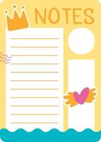 Notes template page featuring a crown, heart with wings, and abstract wave decorations, designed for printing and versatile use in various creative projects vector